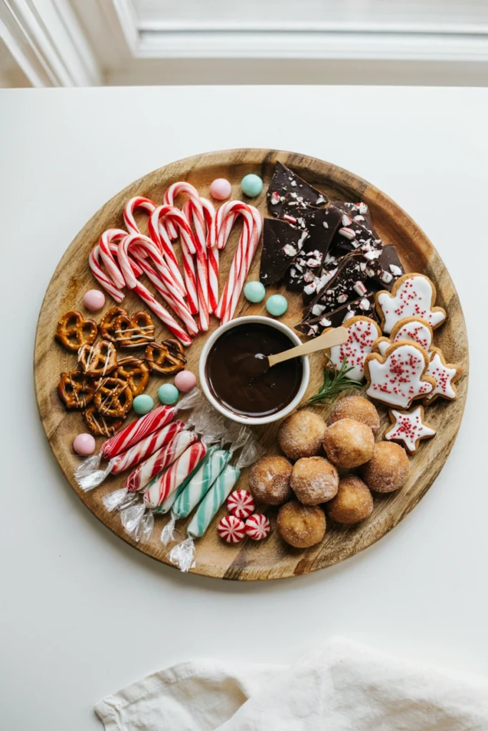 Round wooden candy charcuterie board with candy canes, peppermint bark, and gingerbread cookies for a Christmas baby shower