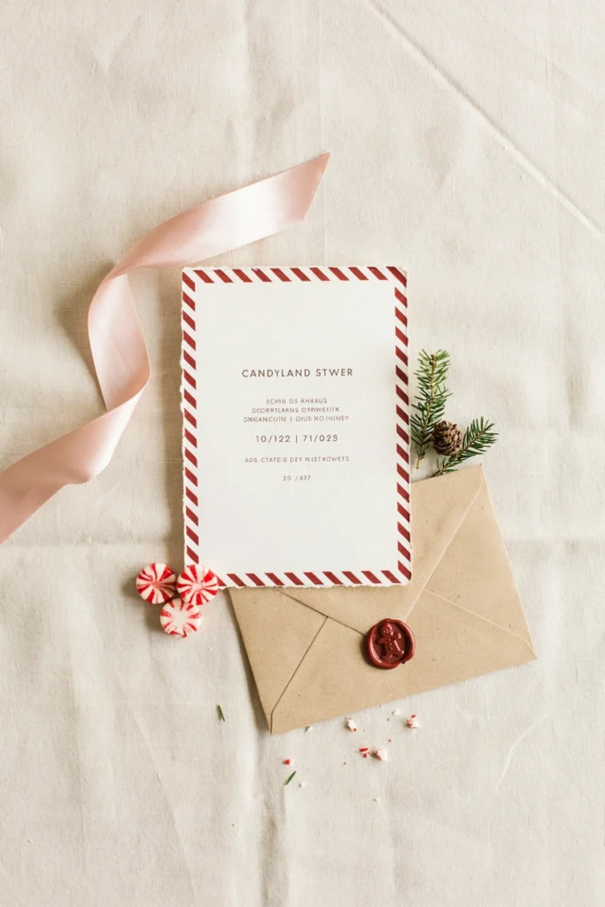 Candy cane striped baby shower invitation with a kraft paper envelope and gingerbread wax seal