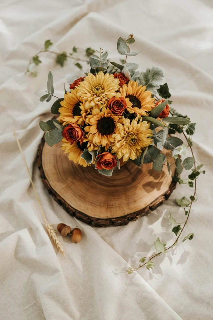 Wood slice centerpiece with mums and sunflowers for a fall baby shower