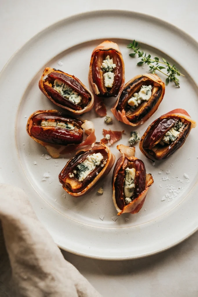 Medjool dates stuffed with blue cheese and wrapped in prosciutto on a white platter