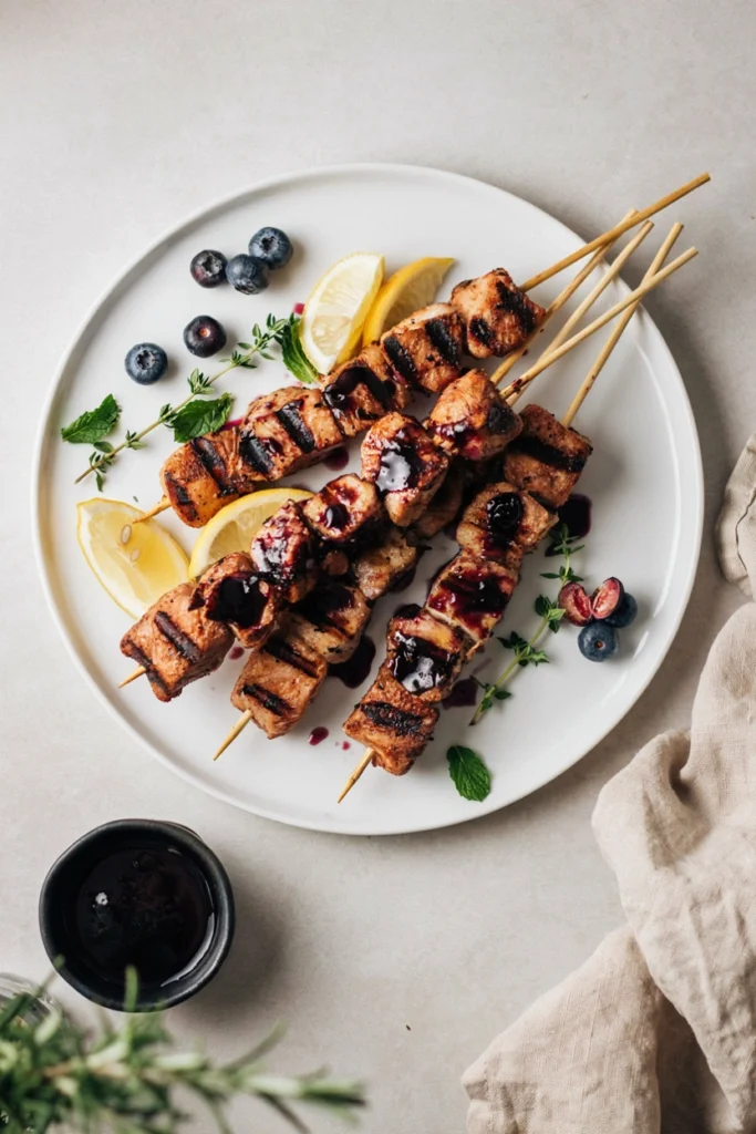 Grilled chicken skewers brushed with deep purple-blue blueberry glaze on a white platter with lemon wedges