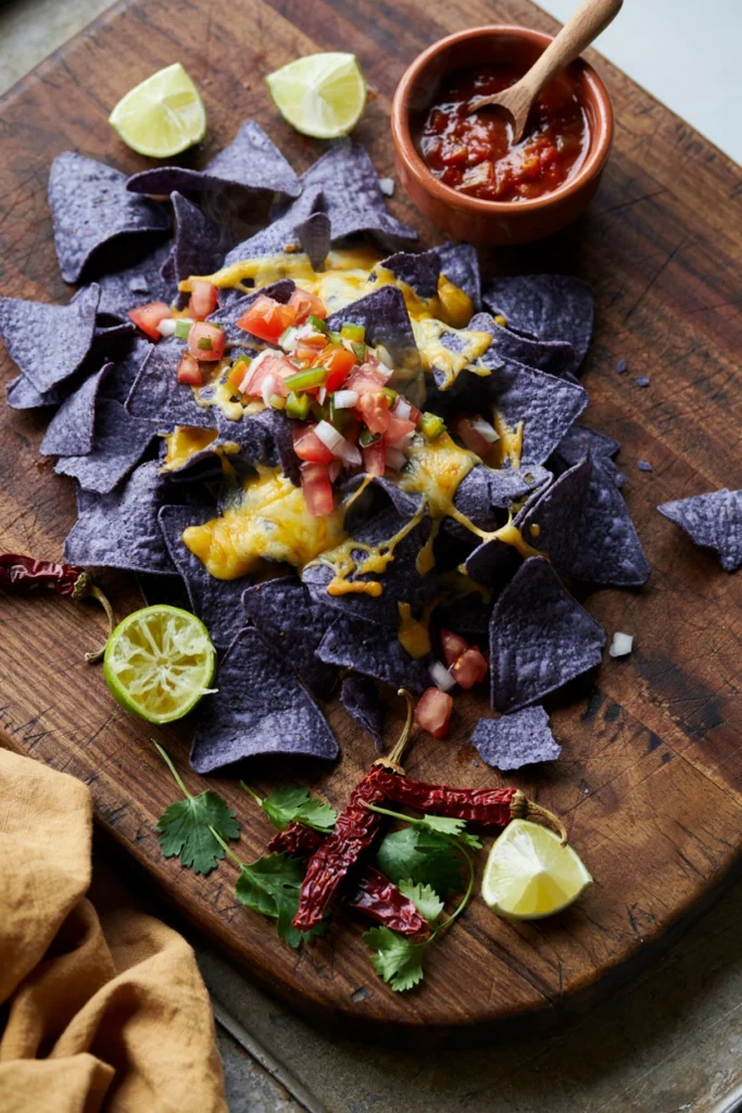 Rustic wooden board layered with blue corn tortilla chips, melted cheese, pico de gallo, and lime wedges