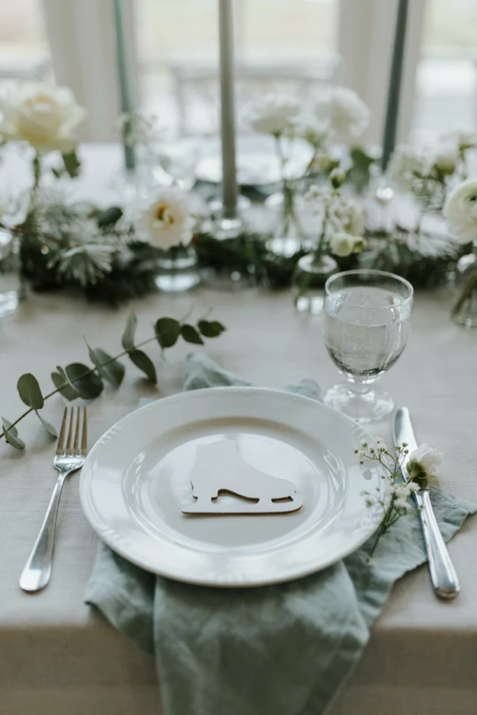 Ice skate blade shaped place cards with silver calligraphy names