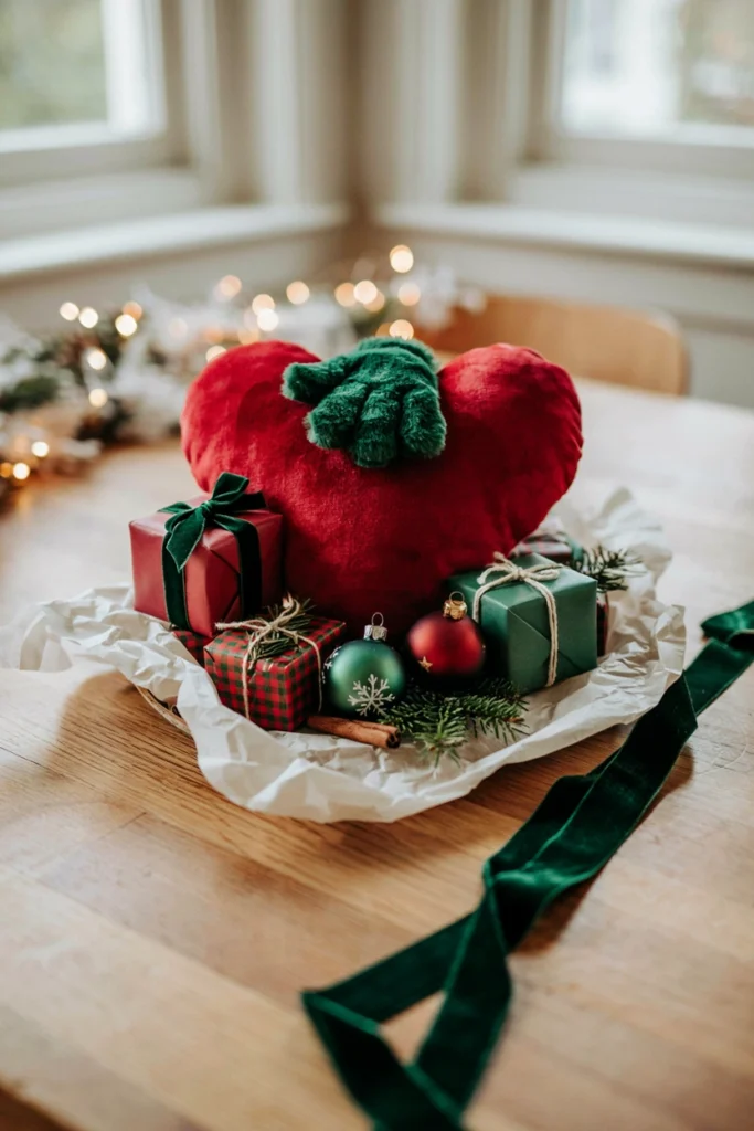 Grinch heart plush centerpiece on a baby shower gift table
