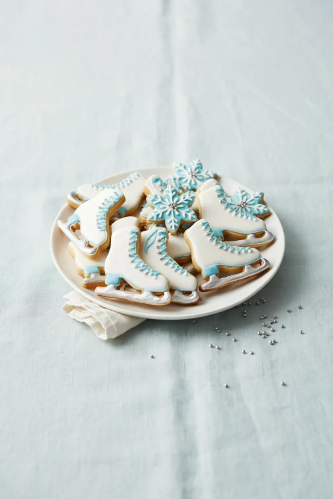 Ice skate shaped sugar cookies with silver piped laces on a dessert stand