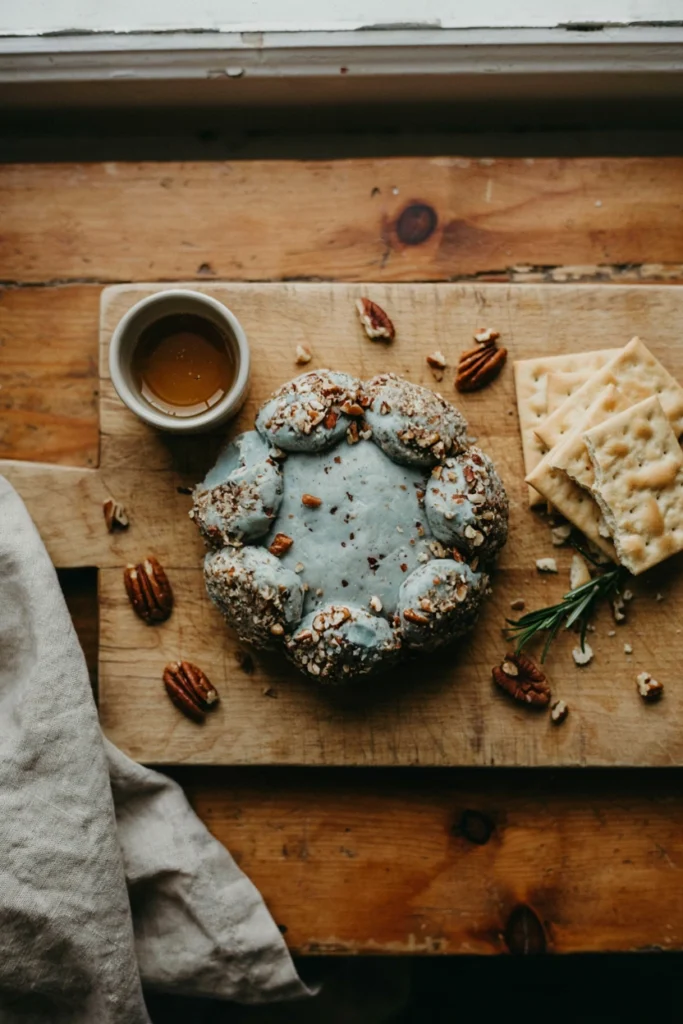Round blue-tinted cheese ball rolled in crushed pecans, shaped like a cloud, with crackers