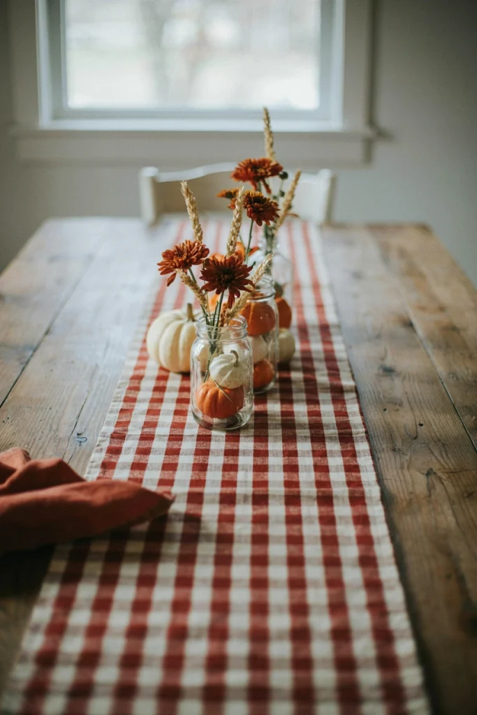 Mason jars filled with mini pumpkins, dried wheat, and burnt orange mums on a wooden table with a plaid runner