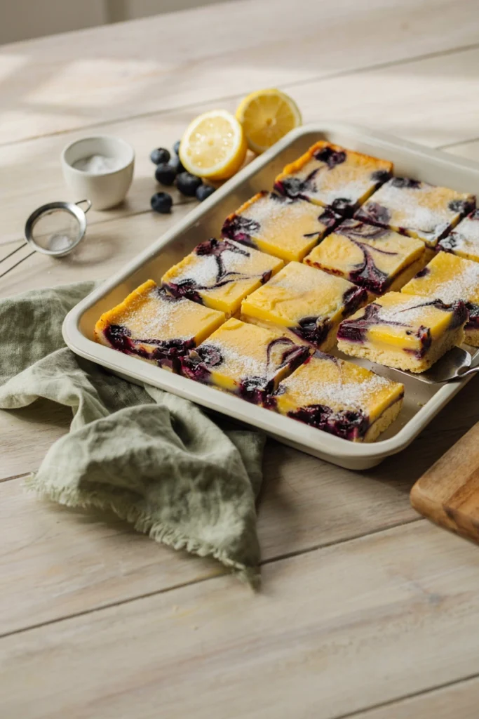 Tray of golden lemon bars swirled with blueberry sauce and dusted with powdered sugar