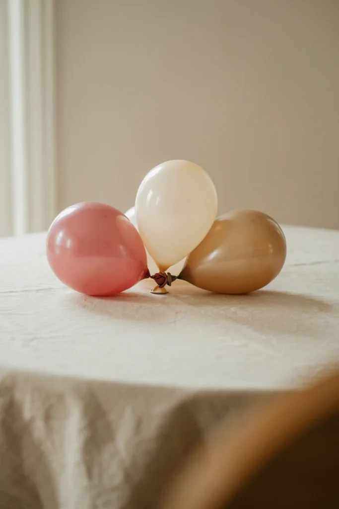 Blush, ivory, and champagne balloon trio centerpiece resting on stacked baby board books