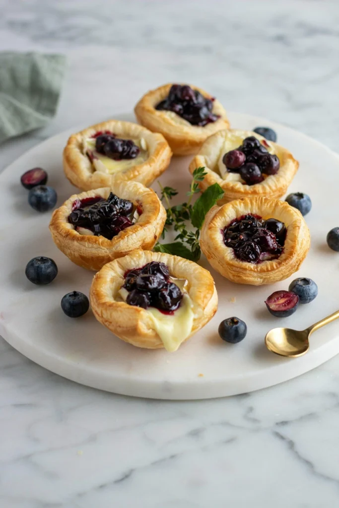 Golden puff pastry cups filled with melted brie and glossy blueberry compote for a blue baby shower