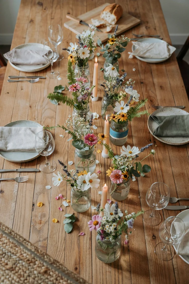 : An overhead shot of a long wooden table set with a row of mismatched mason jars filled with wildflowers, greenery, and flickering candles, soft natural light, warm and inviting mood