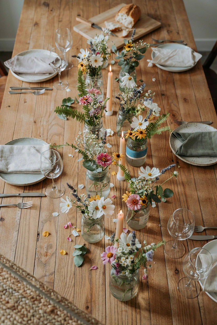 : An overhead shot of a long wooden table set with a row of mismatched mason jars filled with wildflowers, greenery, and flickering candles, soft natural light, warm and inviting mood