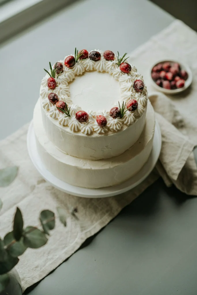 Round white cake topped with a circular wreath of piped rosettes, sugared cranberries, and rosemary