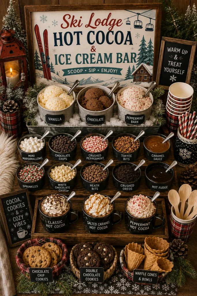A cozy wooden table with mugs of hot cocoa next to bowls of ice cream, mini marshmallows, and a plaid table runner