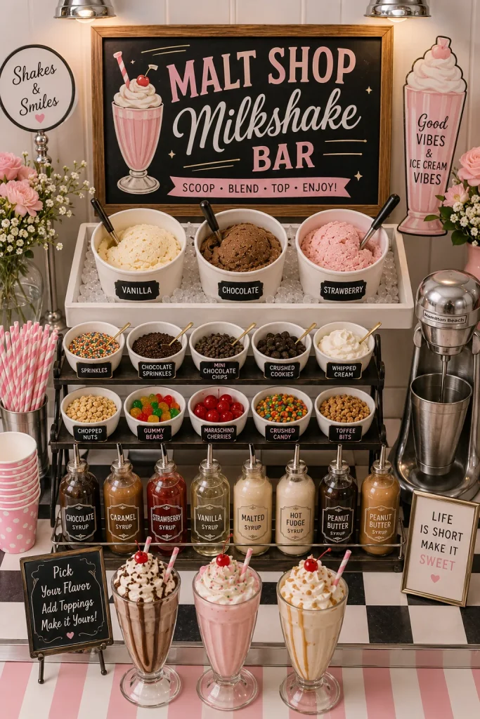 A soda-fountain-style station with a milkshake blender, striped paper straws, and glass milkshake cups topped with whipped cream and a cherry