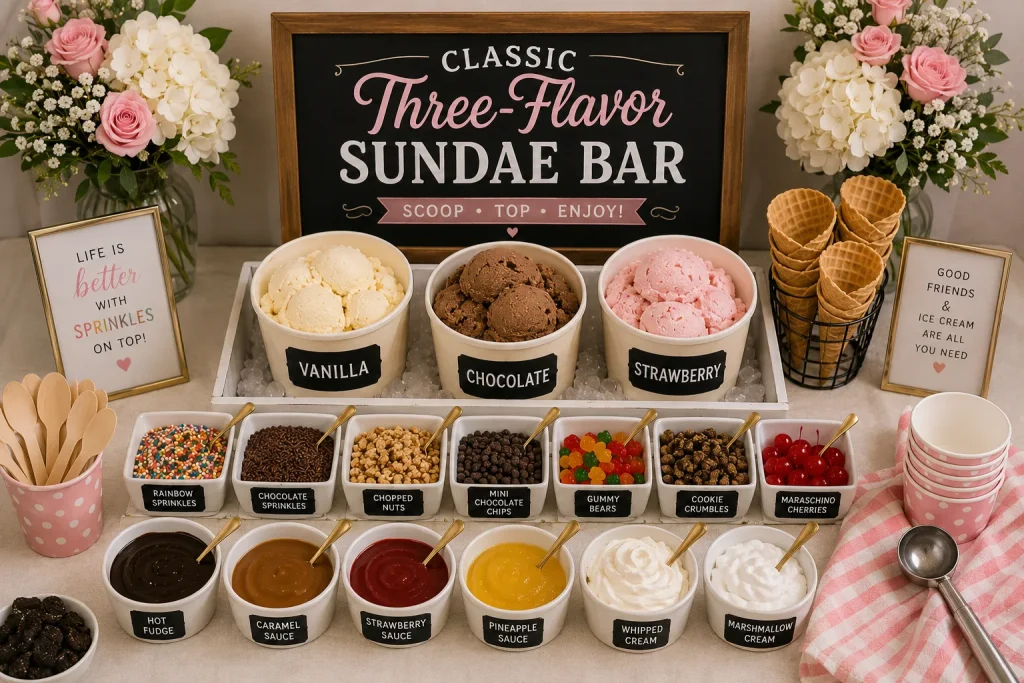 Three ice cream tubs (vanilla, chocolate, strawberry) nested in ice-filled galvanized buckets, surrounded by small glass jars of toppings