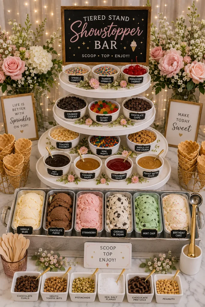 A three-tier white stand holding ice cream toppings arranged by height, with a scoop station at the base, dramatic full-table shot
