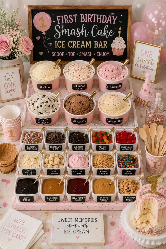 A small high chair tray set with a mini ice cream cup and soft toppings, pastel balloon backdrop