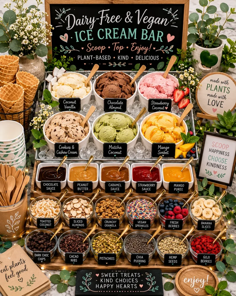 Coconut and oat-milk based ice cream tubs labeled clearly, with dairy-free toppings like dark chocolate chunks and coconut flakes