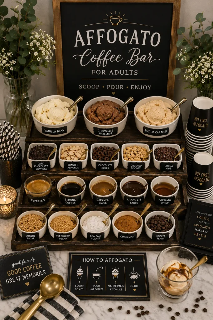 Small espresso cups with vanilla gelato and a shot of espresso being poured over the top, dark moody lighting