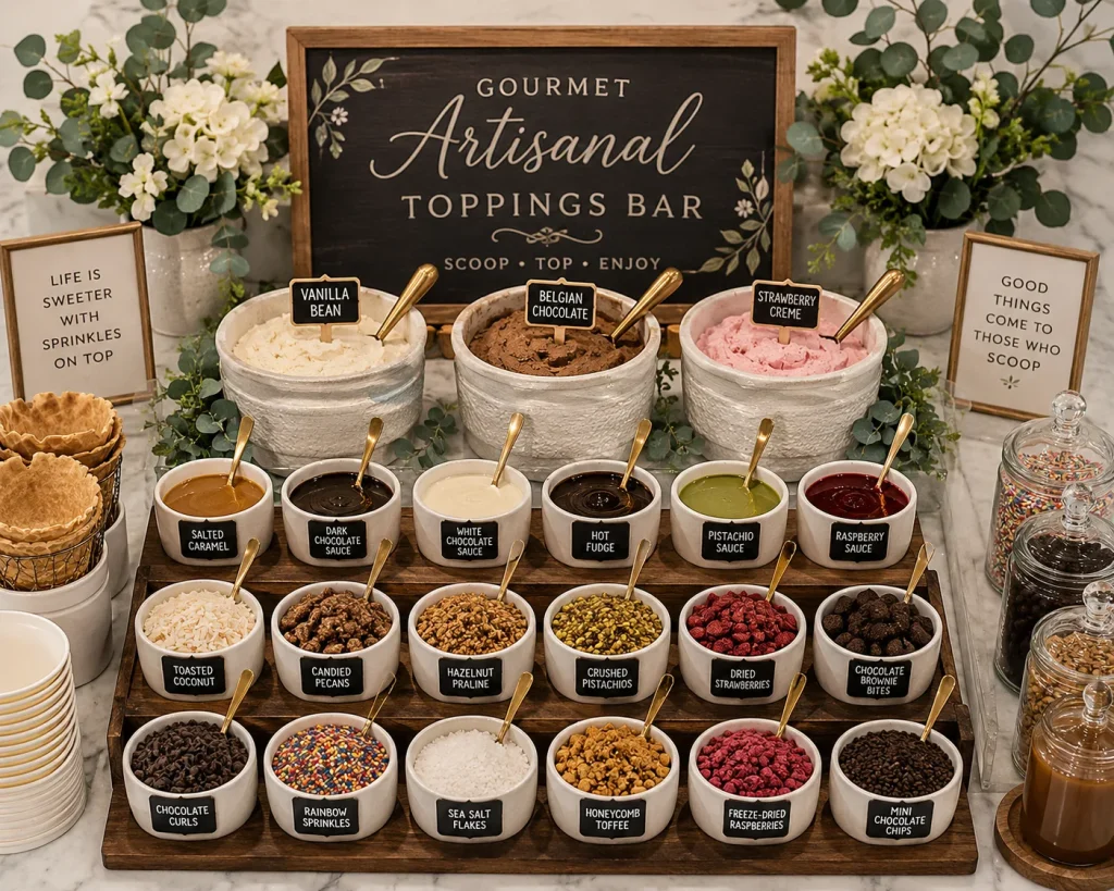 Elegant glass bowls of gourmet toppings like sea salt caramel, candied pecans, and torched marshmallow arranged on a marble board