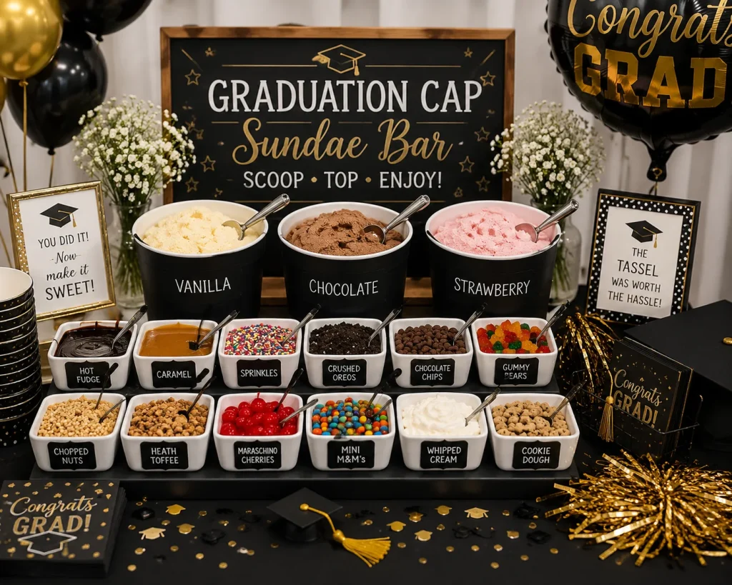 Sundaes topped with a chocolate square and a small pretzel stick styled to look like a graduation cap, school-color sprinkles nearby