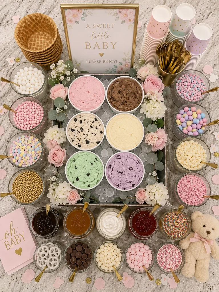 A soft pastel pink and mint setup with small glass dishes, tiny gold spoons, and a "scoop of love" sign]
