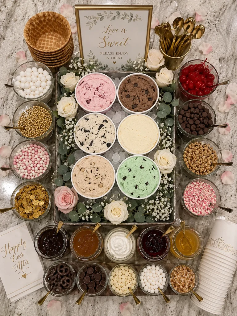 Wedding-themed ice cream bar, top-down view with gold flatware and blush-toned toppings