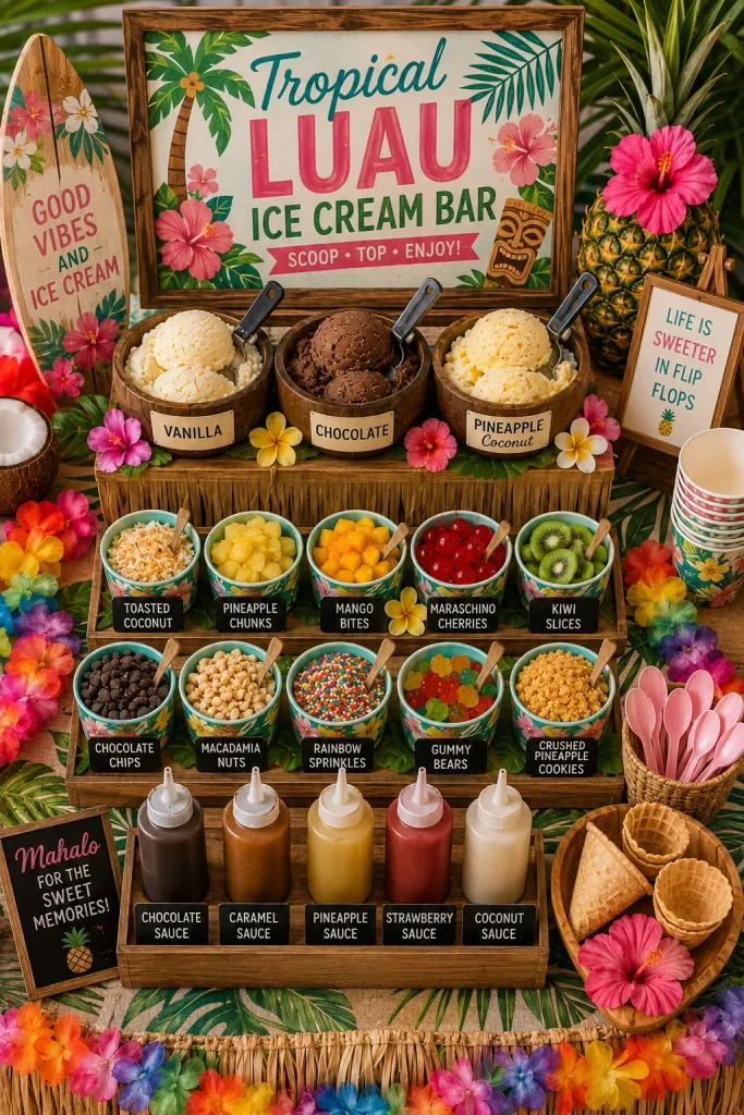 A bar styled with pineapple bowls, coconut shavings, and paper umbrellas, set against a bamboo or tropical leaf backdrop