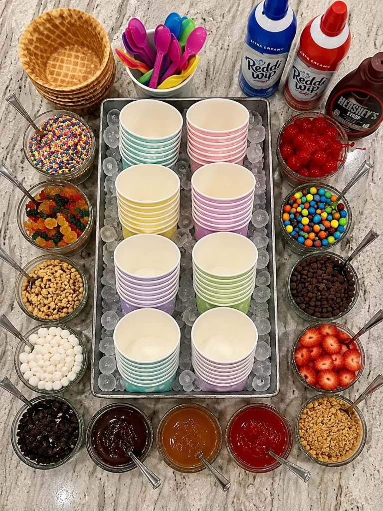 A stack of paper cups beside an ice cream scoop and three simple topping bowls, minimal no-frills setup