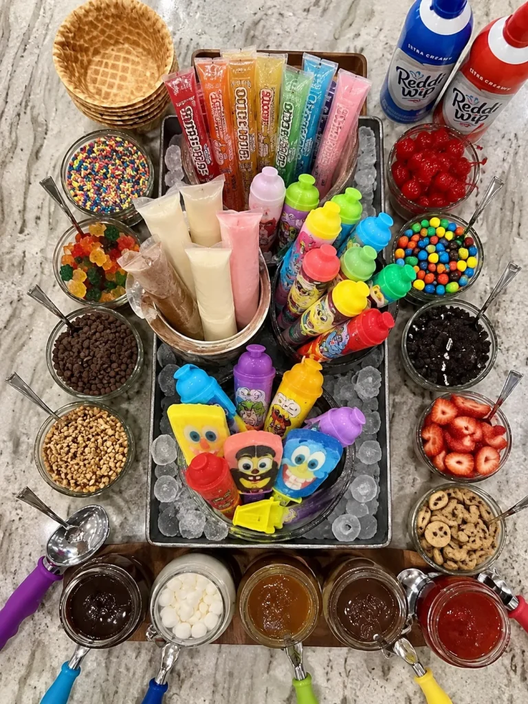A cooler filled with individually wrapped popsicles and pre-made ice cream sandwiches, no scooping equipment needed