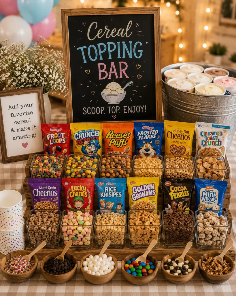  Small bowls of colorful cereal (fruity rings, cocoa puffs, cinnamon squares) next to a tub of vanilla ice cream