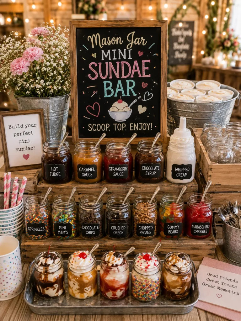 Small mason jars pre-layered with ice cream and toppings, lined up on a wood tray with tiny spoons tied to each jar