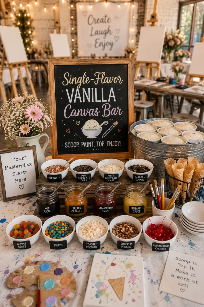One large tub of vanilla ice cream surrounded by six small topping bowls, simple and clean styling
