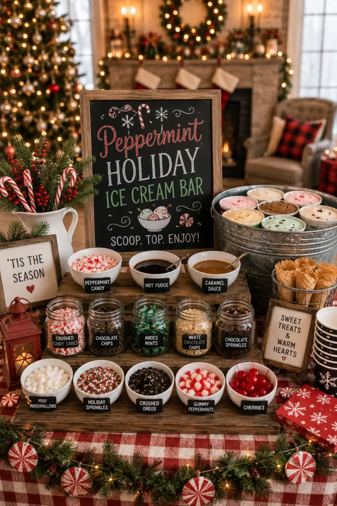  Ice cream topped with crushed candy canes and chocolate shavings, styled with red and white striped accents and pine branches