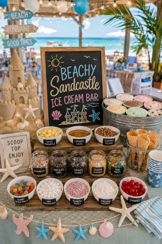  Ice cream served in small metal buckets with a tiny sand shovel spoon, crushed graham cracker "sand," and a gummy seashell garnish