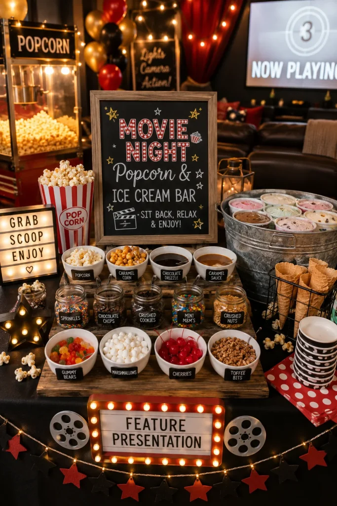 A cozy blanket fort setup with a popcorn bowl, ice cream tubs, and candy toppings, string lights in the background