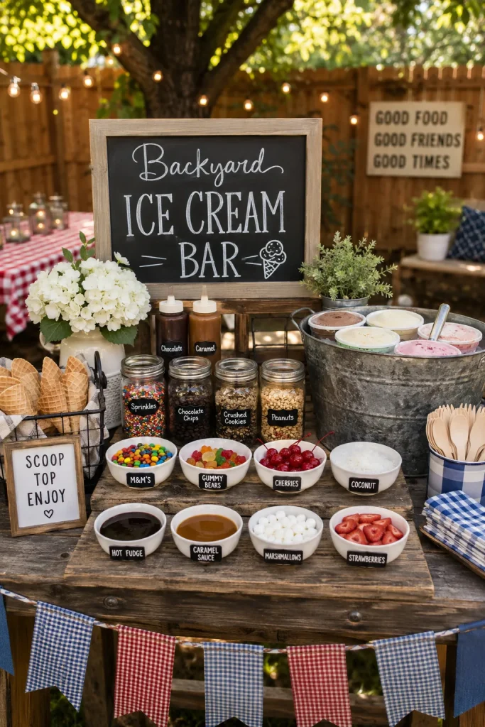 A picnic table set with ice cream tubs in coolers, striped napkins, and a striped umbrella overhead, bright midday sun