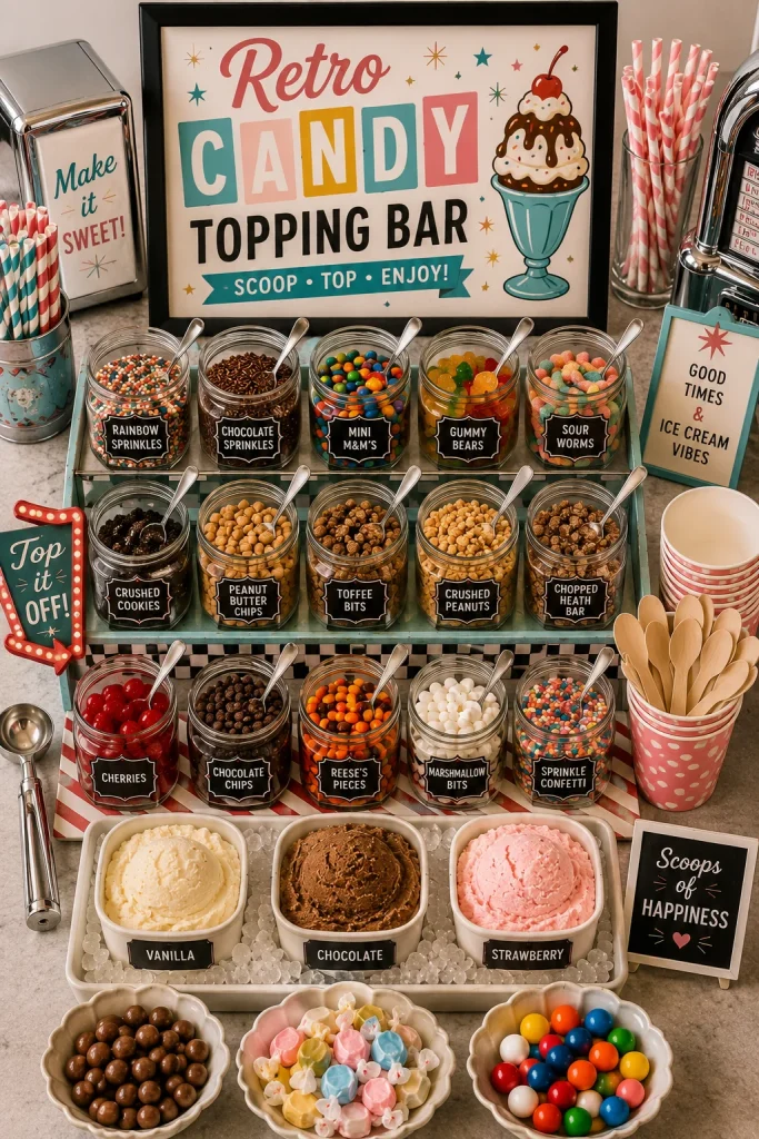 Glass apothecary jars filled with colorful vintage candy toppings — gumballs, licorice bits, candy buttons — arranged by color