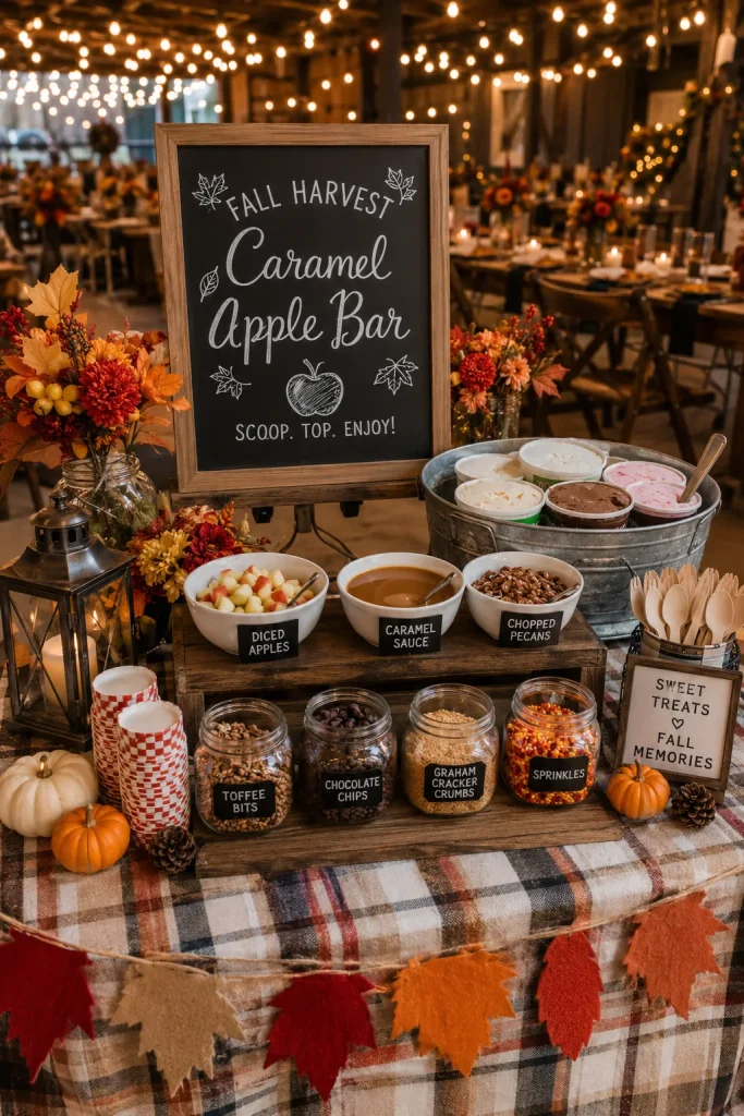  Ice cream topped with diced apples, caramel drizzle, and crushed pecans, styled with mini pumpkins and burlap