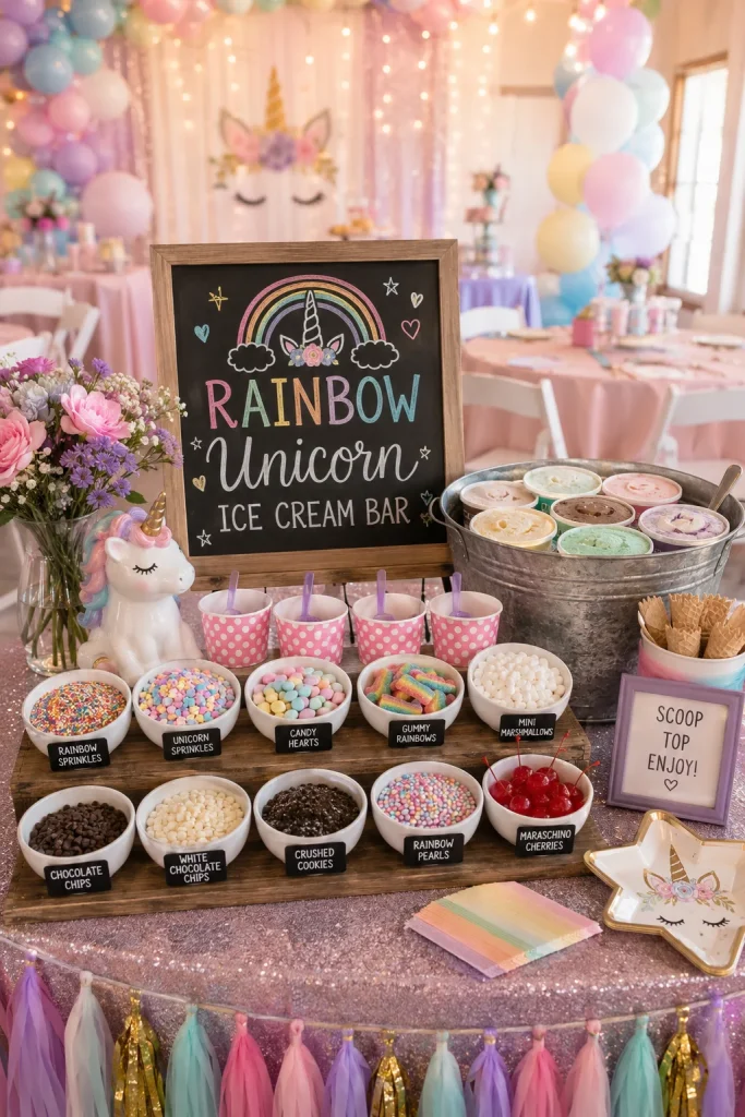 Pastel-colored ice cream scoops topped with edible glitter, unicorn horn waffle cones, and rainbow sprinkles]