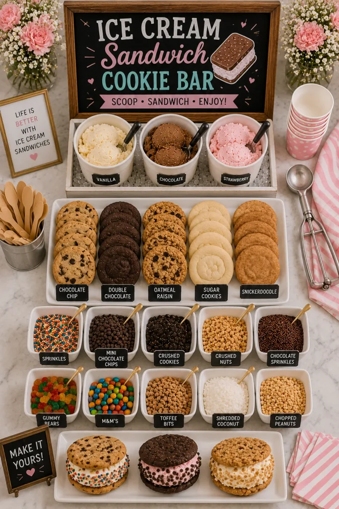 Stacks of fresh-baked cookies next to a tub of ice cream and a small scoop, with a few assembled sandwiches wrapped in wax paper]