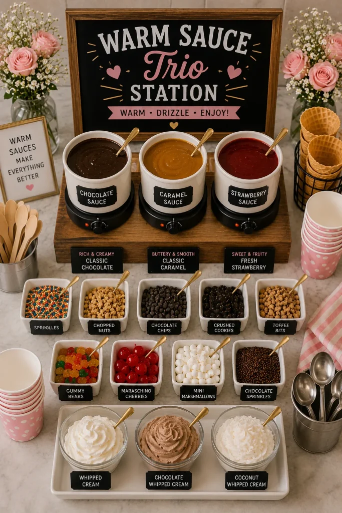 Three small slow cookers or warming pots holding hot fudge, caramel, and marshmallow sauce, with ladles resting on spoon rests