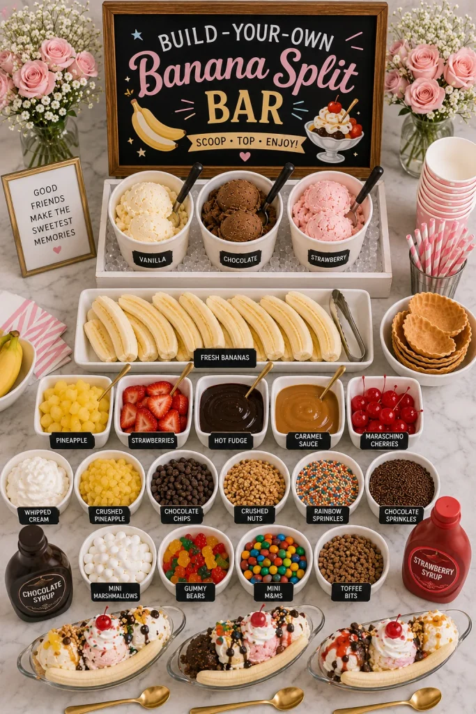 A row of sliced bananas in a boat-shaped dish, three ice cream scoops, and toppings arranged in a fan pattern