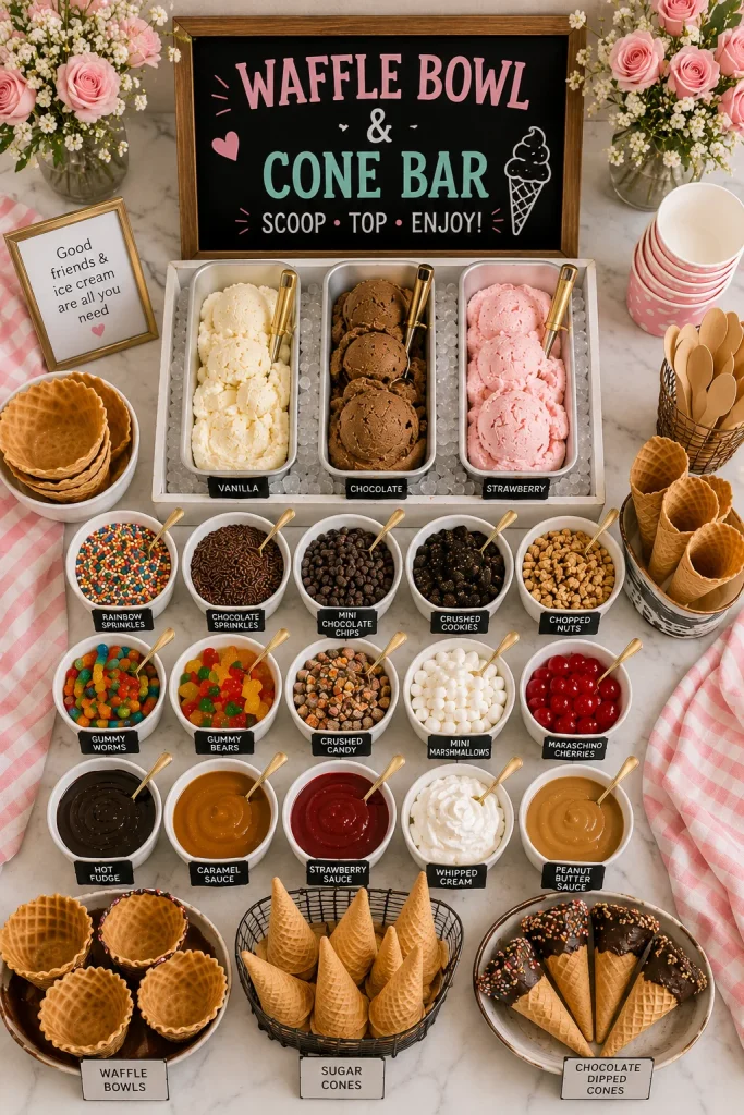 A wire cone rack filled with waffle cones and bowls, ice cream scoop resting beside it, warm golden tones