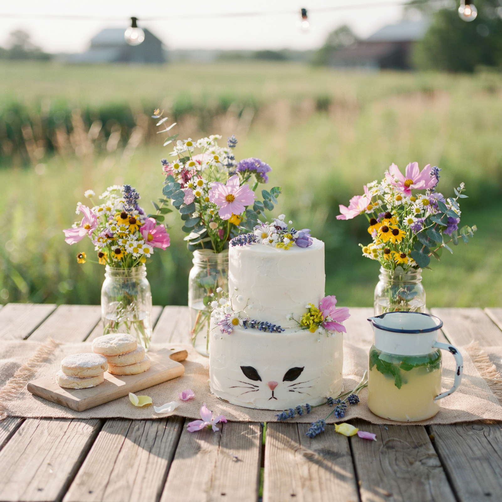 Rustic farmhouse cat cake with wildflower crown and mason jar centerpieces
