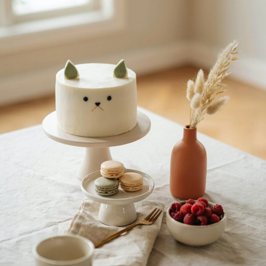 Minimalist Scandinavian white cat cake dessert table with matte ceramic stands
