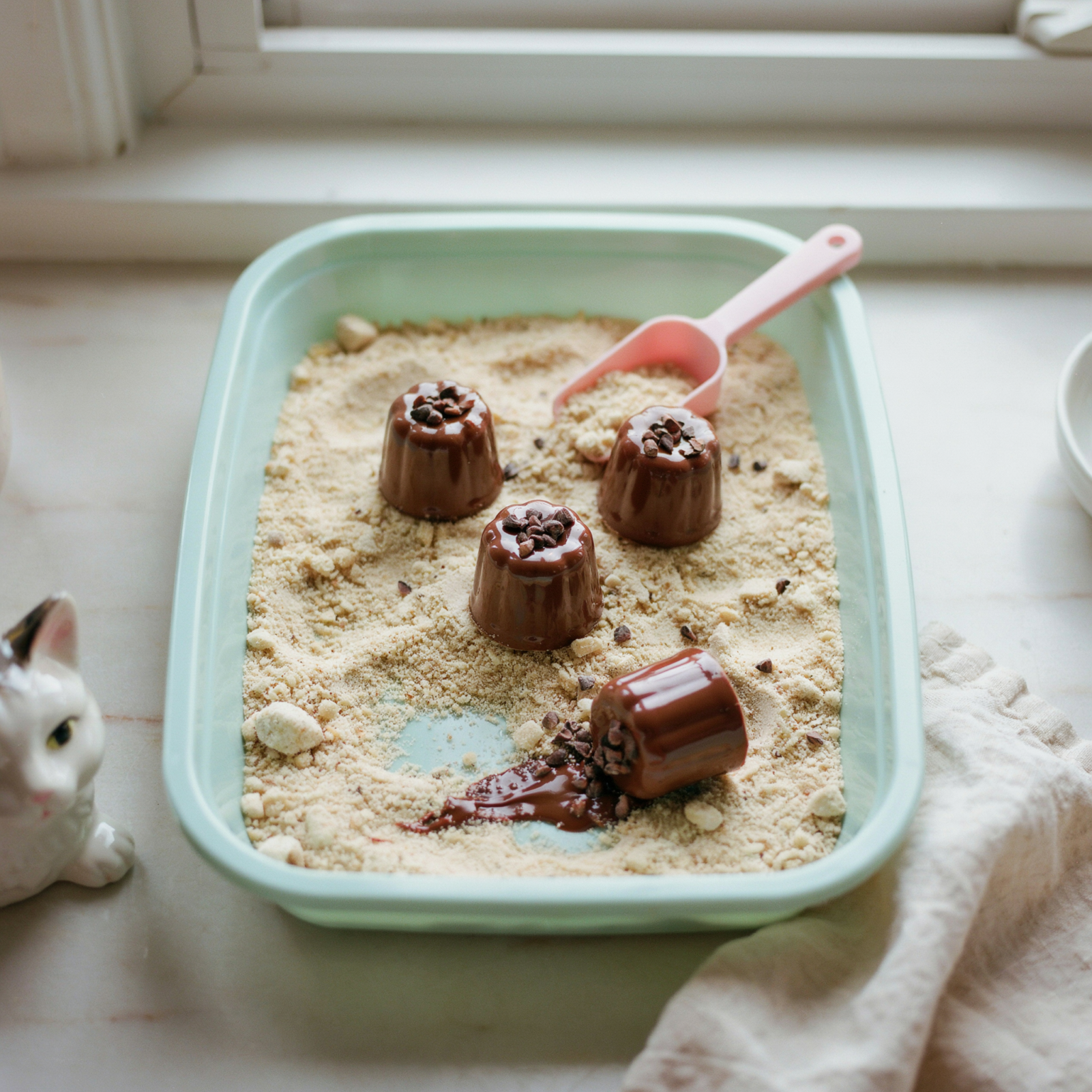 Playful litter box dessert display with cookie crumble and pudding cups
