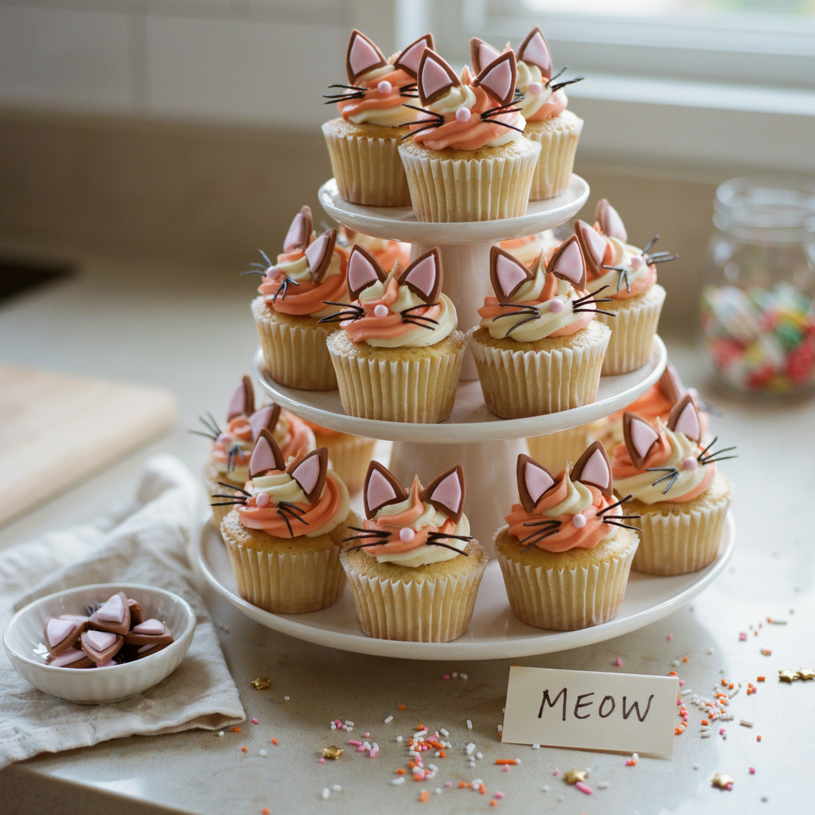 Kitten cupcake tower with orange and cream frosting and whisker toppers