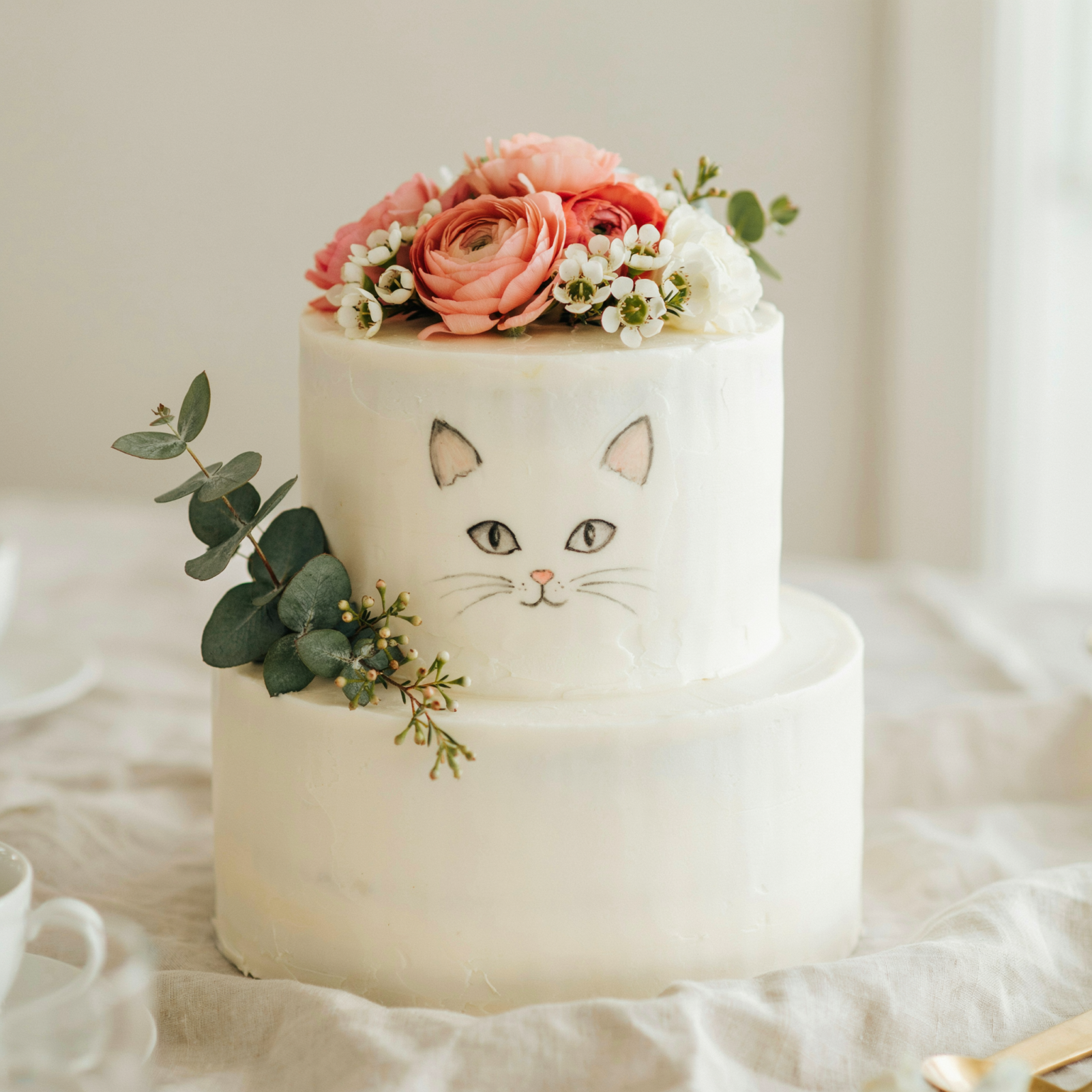 White cat face birthday cake topped with fresh pink ranunculus and roses